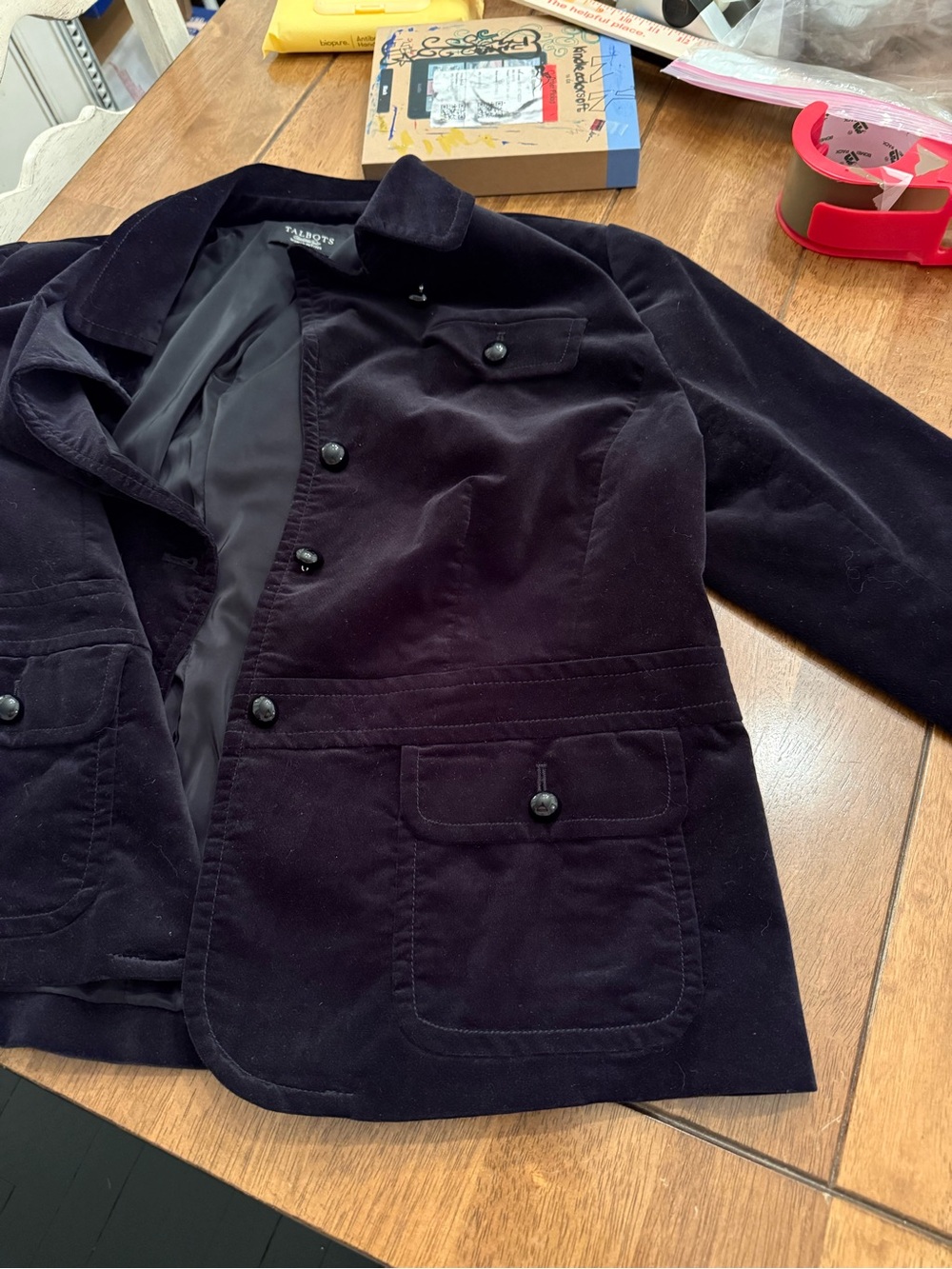 Talbots Women Petites 14 Black Velvet Button Front Blazer Jacket Utility Pocket - Picture 6 of 14